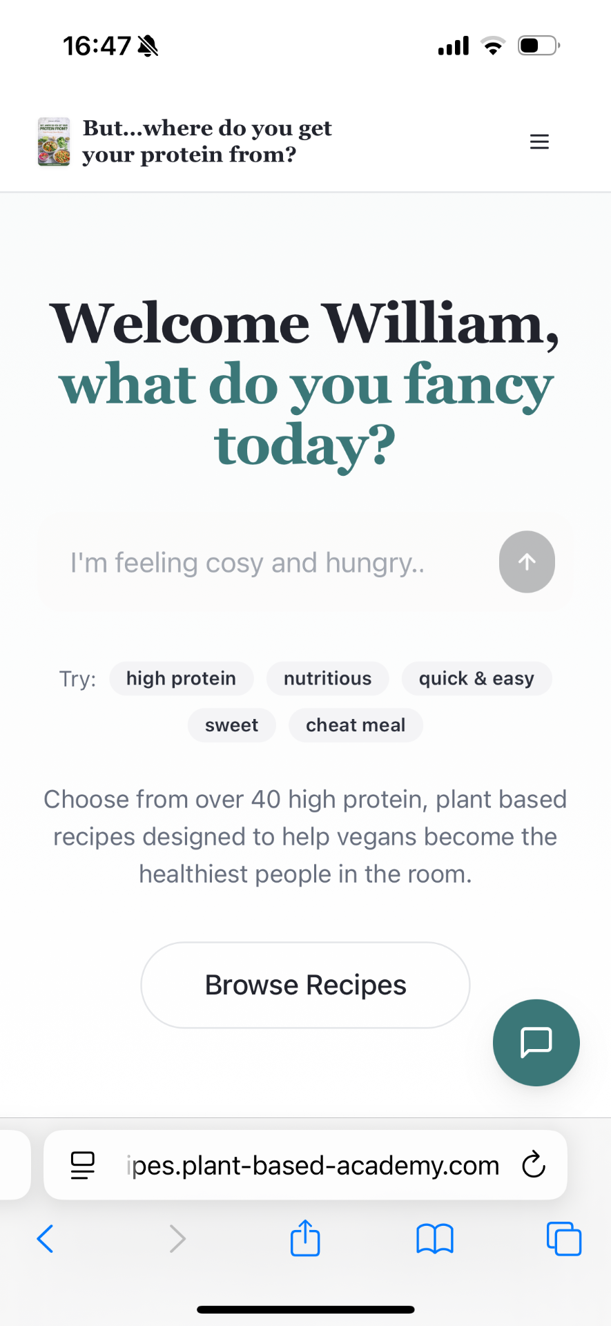 Plant-Based Academy app — recipe chooser interface